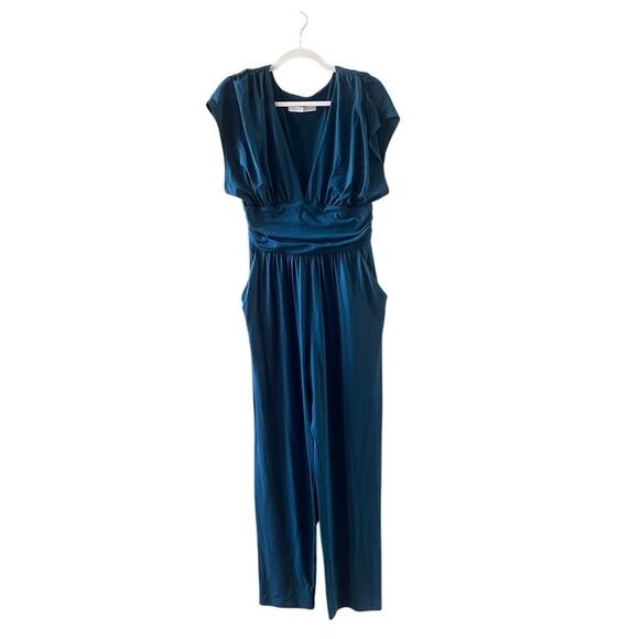 Susana Monaco Dark Teal Peacock Plunge V Neck Pantsuit Jumpsuit XL - Picture 5 of 11